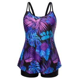 Bathing Suit Tops for Women Plus Size Tummy Control Swim Dress Swimwear V Neck Bathing Suits Purple Print 2X