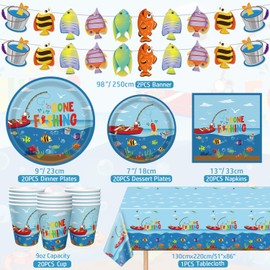 83 PCS Gone Fishing Party Decorations Fishing Birthday Party Supplies Little Fisherman Tableware Set Tablecloth, Plate, Napkin, banner for Camping Themed Decorations for 20 Guests