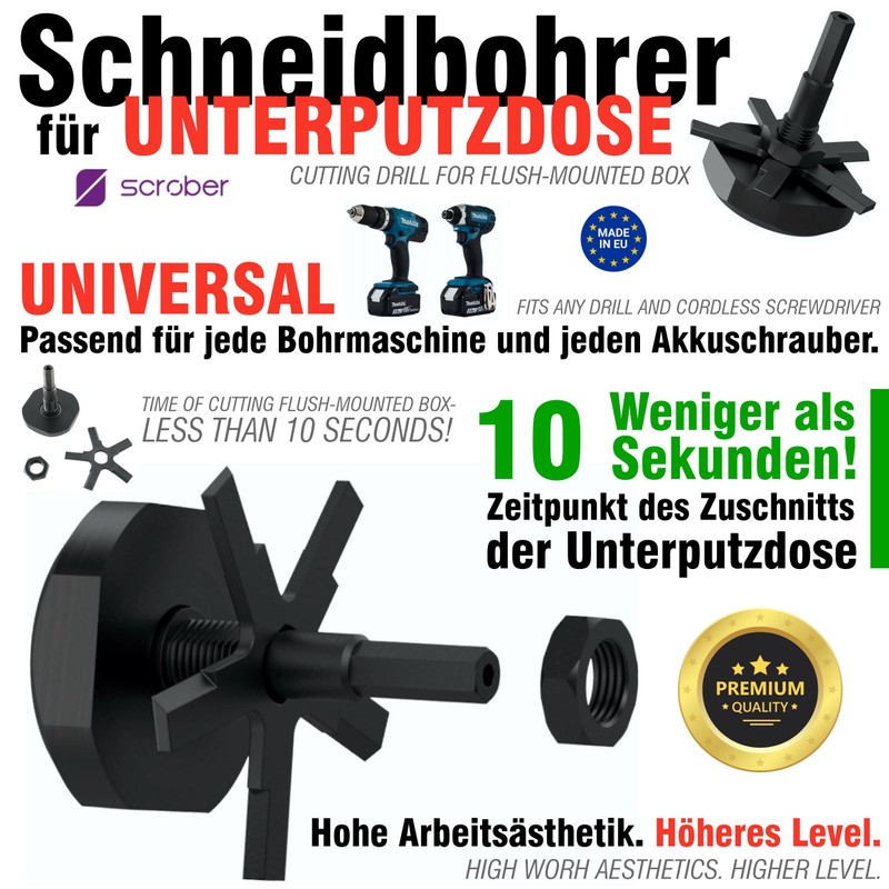 SCROBER Universal Cutting Drill Bit for Flush-Mounted Box Diameter 65
