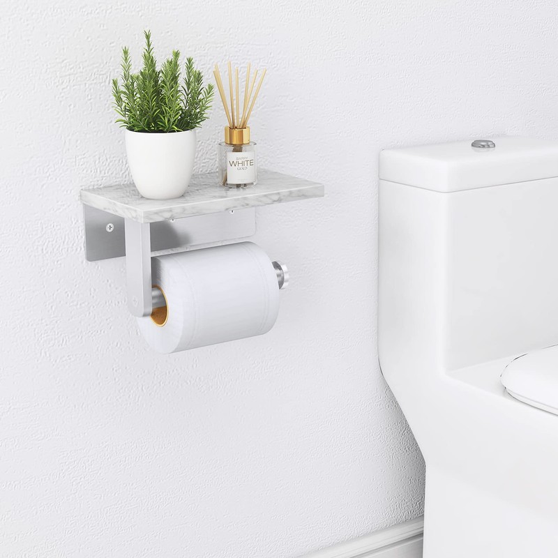 Gypie Brushed Nickel Toilet Paper Holder with Natural Marble Shelf,