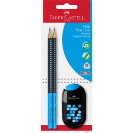 FABER-CASTELL 183587 Grip 2001 Two Tone Pencil with 2 Pencils and 1 Two Tone Double Sharpener with Eraser, 4 Assorted Colours (No Selection Possible)
