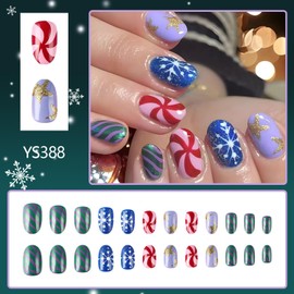Christmas Colorful Press on Nails Short Oval Fake Nails Snowflake Candy Glitter Stars Design Cute Stick on Nails Reusable Artificial Nails Xmas Stick on False Nails Glue on Nails Winter Acrylic Nails
