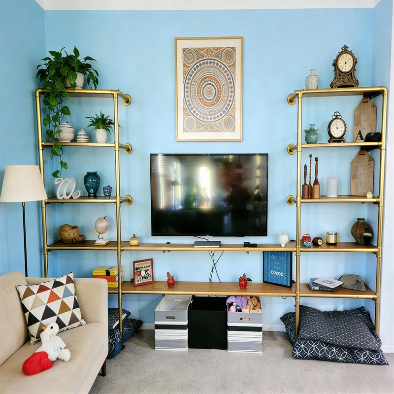 Gold Industrial Wall Mount Iron Pipe Shelf Bracket,DIY Open Bookshelf,Storage