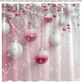 Pink Christmas Ball Shower Curtain Dreamy Snowflake Pine Twig, 70x70Inch