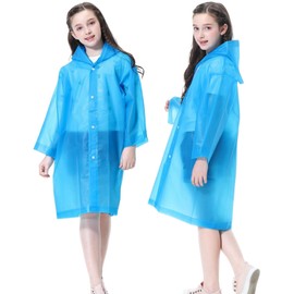 RUISHYY Kids Rain Poncho (2 Pack), Reusable EVA Children Raincoat for 6-13 Girls Boys, Waterproof Long Rain Jackets with Hood (Blue 2 pcs)