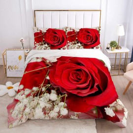 TULTOAP 3D Red Rose Printed Bedding Sets, Romantic Rose Flower Duvet Cover, Rose Bedding for Girls, Adults, Bedroom Decoration (Rose 1.135 x 200 cm)
