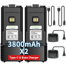 BAOFENG 5RM 3800mAh Extended Battery High Capacity Rechargeable Li-ion Battery USB-C Desktop Charger for Ham Radio Compatible with BF-F8HP PRO GM-5RH AR-5RM Series Walkie Talkies Accessories,2 Pack