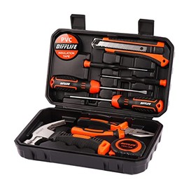 DIFFLIFE Tool Sets Household Tool Kit, 14-Piece General Home/Auto Repair Tool Set with Hammer, Pliers, Screwdriver Set and Toolbox Storage Case - Perfect for Homeowner, Diyer, Handyman (14-Piece)