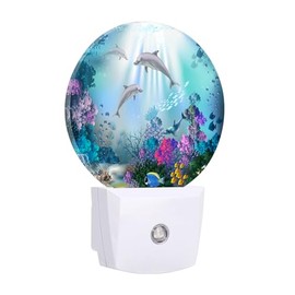 Chrobak Round LED Night Light,Dolphin Plant Underwater World LED Night Light Plug into Wall with Dusk to Dawn Light Sensor White Energy Efficient Nightlight for Bedroom Hallway Living Room Kitchen