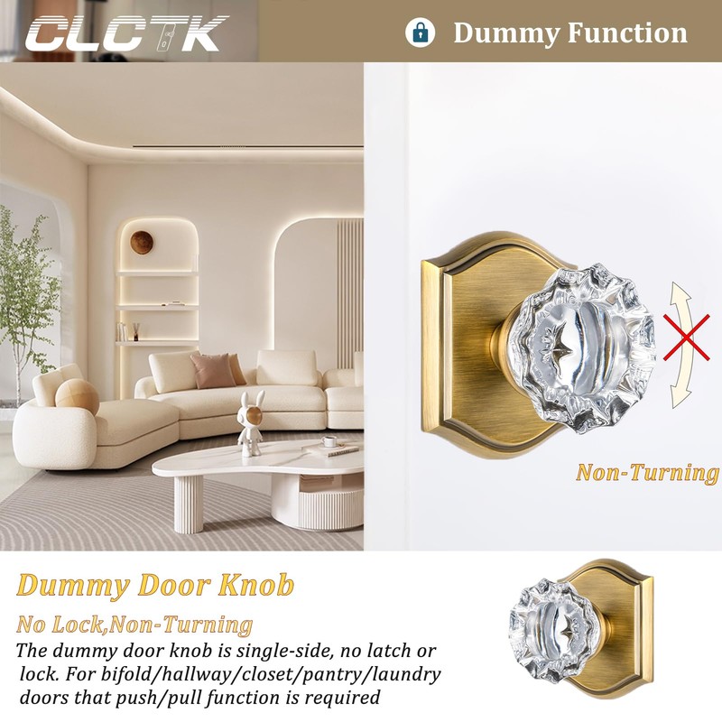 CLCTK 2 Pack Crystal Glass Dummy Door Knobs, Non-Turning Single