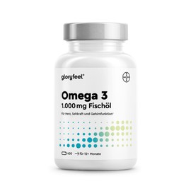 GloryFeel Omega 3 Fish Oil Capsules 1000 mg – The Comparison Winner 2019 – 400 Pieces High Dose – With 180 mg Eicosapentaenoic Acid (EPA) and 120 mg Docosahexaenoic Acid (DHA) Per Omega 3 Soft Gel Capsule – Without Magnesium Stearate