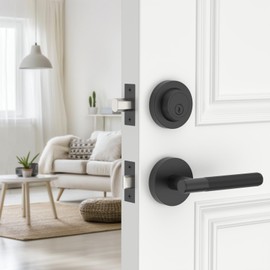 Amerdeco Front Door Lock Set with Double Cylinder Deadbolt, Black Exterior Entry Door Lever, Heavy Duty Entry Door Locksets for Left or Right Hand Exterior Door（Black 1 Pack）