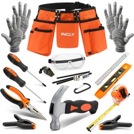 INCLY 18PCS Kids Tool Set with Reinforced Belt, Adjustable Waist 20"-32", Boys Real Hand Tools Kit Children Construction Learning Tools Hammer Screwdriver for Home DIY Building & Woodworking