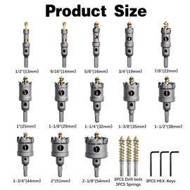 METOTY 19 PCS (1/2" to 2-1/8") Carbide Hole Saw Kit for Metal - Heavy Duty TCT Hole Cutter Drill Bits Set with Titanium Pilot & L-Wrench, for Stainless Steel/Iron/Aluminum | Metal|