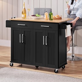 Yaheetech Rolling Kitchen Island with Drop Leaf, Kitchen Cart on Wheels with Storage Cabinet and Drawers, Rubberwood Top, Detachable Towel Rack, Spice Rack for Dining Room, Black