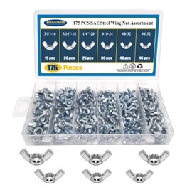 175 PCS Wing Nuts Fasteners Butterfly Wing Nuts SAE Steel Wing Nut Assortment kit from #6 to 3/8’’