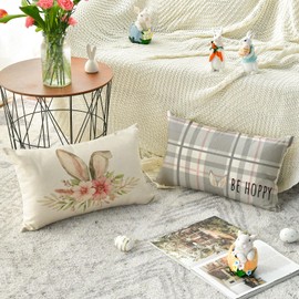 Artoid Mode Grey Rabbit Ears Rabbit Flowers Easter Cushion Covers Set of 4 30 x 50 cm Stripe Polka Dots Spring Decorative Cushion Cover Couch Living Room Decoration