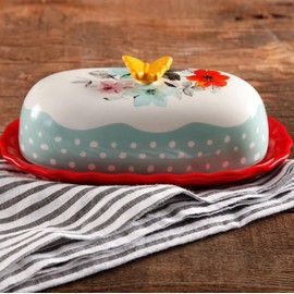 Floral Polka Dot Ceramic Butter Dish with Butterfly Knob, 6.4 inches
