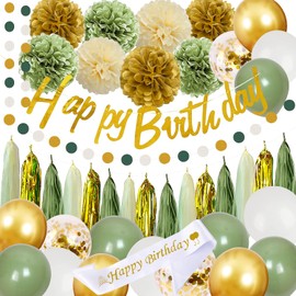 Sage Green Birthday Party Decorations with Happy Birthday Banner,Gold Fringe Curtain,Circle Dots Garland,Tissue Pompoms,Paper Tassels Garland for Girls Women for Party Decor (sage green)