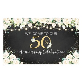 Allenjoy Black and Gold Floral Happy 50th Anniversary Backdrop for Love Cheers to 50 Years Wedding Birthday Party Supplies Decorations Banner Home Decor Photo Booth Props Gifts Background