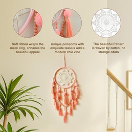 Pink Dream Catcher Wall Decor with Pompoms Macrame Large Dreamcatcher, Handmade Tassels Hanging Ornament Boho Room Decor for Girls Bedroom Living Room
