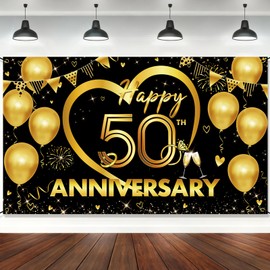Happy 50th Anniversary Backdrop, Black Gold Golden Anniversary Decorations, 50th Wedding Anniversary Banner for Couple Party Photo Booth Background,Cheers to 50 Years Golden Decor, Vicaty