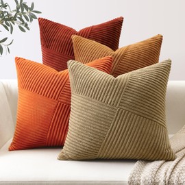 Sungeek Set of 4 Corduroy Cushion Covers, Windmill Stripes, Corduroy Cushion Cover, Sofa Cushion, Decorative Patchwork Design, Decorative Cushion Covers for Living Room (50 x 50 cm, Brown Rust)