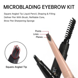 Microblading Eyebrow Pencil Kit–Angled Square Tip Liquid Eyebrow Pencil,Shaping and Filling Brow Definer Pen with Brush & Refill Core,Sharpening Sponge,Waterproof for Hair-Like Strokes(01Light Brown)