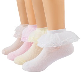 4/6 Pack Baby Toddler Girls Ruffle Socks White Princess Eyelet Frilly Lace Ankle Cotton Dress Socks for Little/Big Kids
