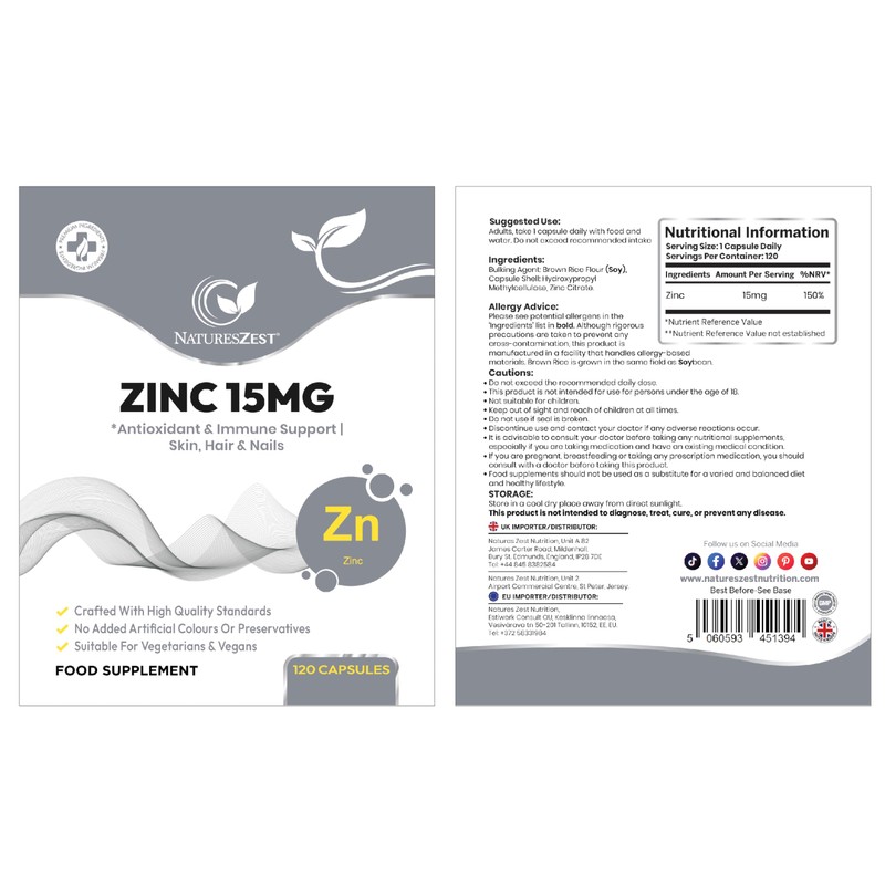 Zinc 15mg Supplement – 120 Vegan Capsules | Highly Absorbable