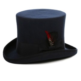 Ferrecci - 100% Eco-Friendly Wool - Handcrafted Top Hat with Grosgrain Ribbon and Removable Feather - Navy Tall Tophat - Unisex, Men, Women