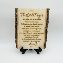 The Lord's Prayer in English, Lord Prayer Sign, Rustic Home Decor, Catholic Gift, Wood Engraved Plank with Bark, Christian Gift Prayer Wooden Religious Ornaments Decoration Hanging Plaque - Wood Size: Large, Display Option: Wood Stand