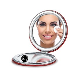 OMIRO 1X/10X Magnifying Compact Mirror with PU Leather, Ultra-Portable for Purses and Travel, Round Red