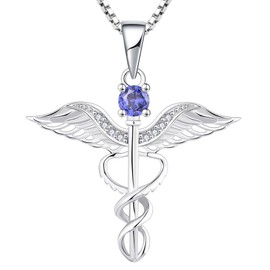 YL Caduceus Necklace Sterling Silver Doctor Nurse Themed Pendant Created Tanzanite Angel Wings Snake Jewelry for Women