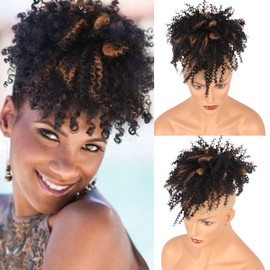 Elvirgel Afro Puff Drawstring Ponytail Extension for Black Women with Kinky Curly Bun Hair Ponytail with Bangs