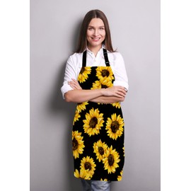 Wasach Sunflowers Black Tropical Flower Daisy Apron, Cute Floral Sunflower Apron,Adjustable Neck Bib Apron for Men Women,Suitable for Kitchen Cooking Waitress Chef Apron