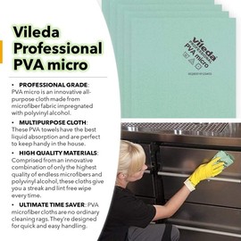 Vileda Professional Vileda Professional | PVA Microfiber Green | All Purpose Cleaning Shammy | Shiny Streak Free Results | Synthetic Chamois Towel | Smooth & Absorbent Materials | 5 Pack