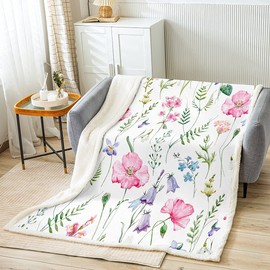 Loussiesd Pink Poppy Sherpa Blanket Poppy Floral Fleece Throw Blanket for Sofa Couch Bed Botanical Floral Printed Plush Blanket Ultra Soft Decor Colorful Wild Flowers Fuzzy Blanket Single 50"x60"