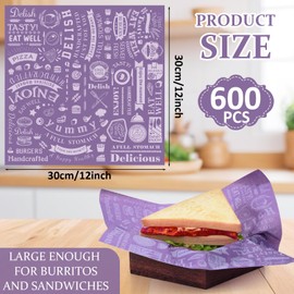Outus 600 Pcs 12 x 12 Inch Deli Wax Paper Sheets Grease Resistant Tray Basket Liners Newsprint Paper Water and Grease Proof Sandwich Wrapping Square Hot Dog Wrappers for Food Baking (Dark Purple)