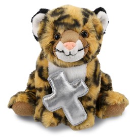 DolliBu Squat Leopard Stuffed Animal with Silver Cross Plush - Religious Baptism Gifts for Boys and Girls, Cute Dedication Christening Gifts Plush Prayer Toy Healing Teddy Bear - 8 Inches