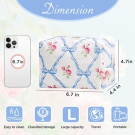 Sminra Makeup Bag Small Travel Quilted Cosmetic Bag Organizer, Floral Checkered Cotton Coquette Aesthetic Portable Pouch Purse Toiletry Bag for Women Girls accessories (Blue bow-s)