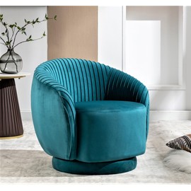 Container Furniture Direct Modern Barrel Swivel Chair with Plush Velvet Upholstery and Smooth 360° Rotation, Round Accent One-Seater Sofa for Living Room, Bedroom, and Office, Greenish Blue