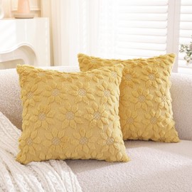 TAOSON Pack of 2, Spring Summer Farmhouse Yellow Flower Heart Sunflower Soft Plush Faux Fur Jacquard Throw Pillow Covers Soft Couch Pillowcases Cushion Covers for Living Room Bed Sofa 18x18 inch