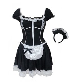 bslingerie Women Black French Maid Costume Dress (XL, Black)