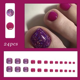 24Pcs French False Toenails, Flash Purple Stick on Toenails Fake Toenails Tip Press on Toe Nails, 12 Sizes Artificial Acrylic Toe Nails for Women Girls Daily Nail Art