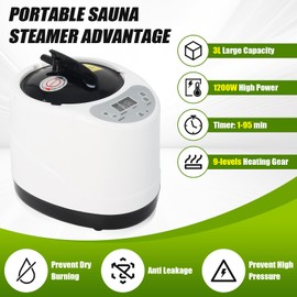 Wadoy Sauna Steamer Machine, 3L 1200W Portable Home Sauna Steamer with Remote Control, Fast Heating Home Steam Generator - with 9-Level Adjustable Steam, Steam Cup,for Home Spa Sauna Accessories