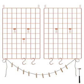 SONGMICS Wall Grid for Photo, Metal Wall Grid Panel, DIY Wire Photo Hanging Display, Set of 2, with S Hook, Clip, Hemp Cord, 16.5 x 12.2 Inches, Rose Gold ULPP01DR