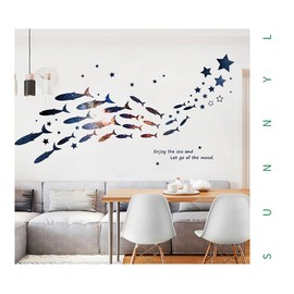 魚群と星のウォールステッカー, いにしえの魚群 魚 海 水族館 飾り かわいい 装飾 飾りつけ 男の子 女の子 アクアリウム 子供部屋 和柄 ウォールステッカー 海 魚 海の生き物 海の中 壁紙シール120x61cm, 海の装飾, 寝室用, DIY壁紙シール