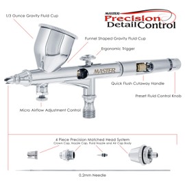 Master High Precision Detail Control G44 Dual-Action Gravity Feed Airbrush, 0.2 mm Tip, 1/3 oz Funnel Fluid Cup, Air Control Valve