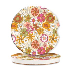 Retro 60s Groovy Car Cup Coaster 2 Pack,Boho Hippie Flowers Absorbent Ceramic Coaster for Women Men,Drink Car Cup Holders Interior Assecories,Universal 2.56" with Finger Notch & Cork Base